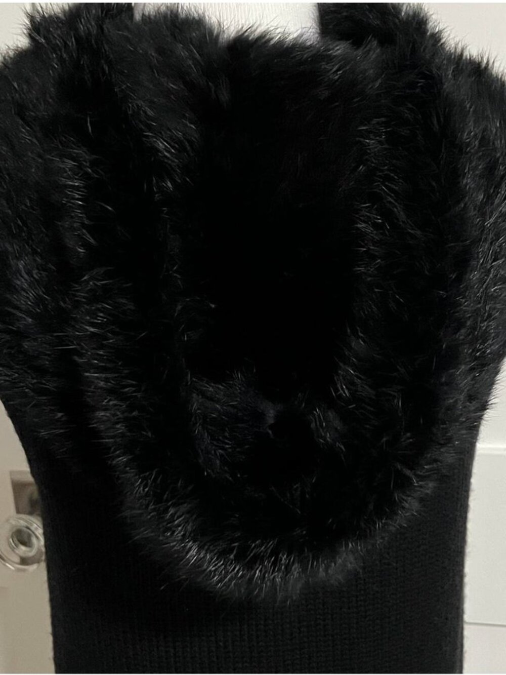 Theory Black Knit Long Vest,Rabbit Fur Trim Hood & Asymmetrical Zipper, Size S - Picture 3 of 6